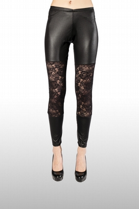 LEILA - ECO-LEATHER LEGGINS WITH BIG FRONT LACE EMBROIDERED INSERT