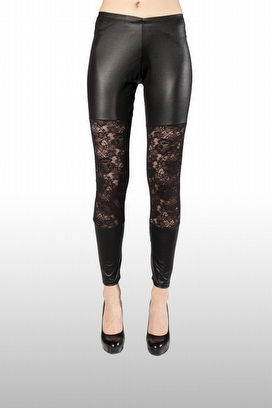 LEILA - ECO-LEATHER LEGGINS WITH BIG FRONT LACE EMBROIDERED INSERT
